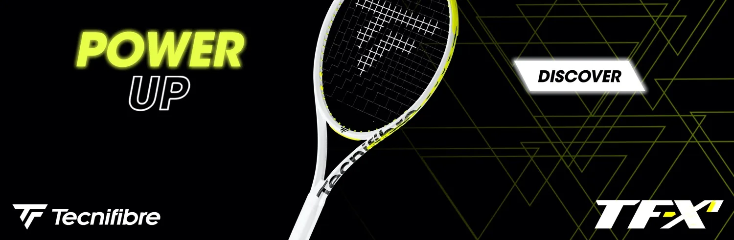 Tecnifibre TX-X1 banner showing white TF-X1 tennis racket on a black background with the words Power Up - Discover TF-X1